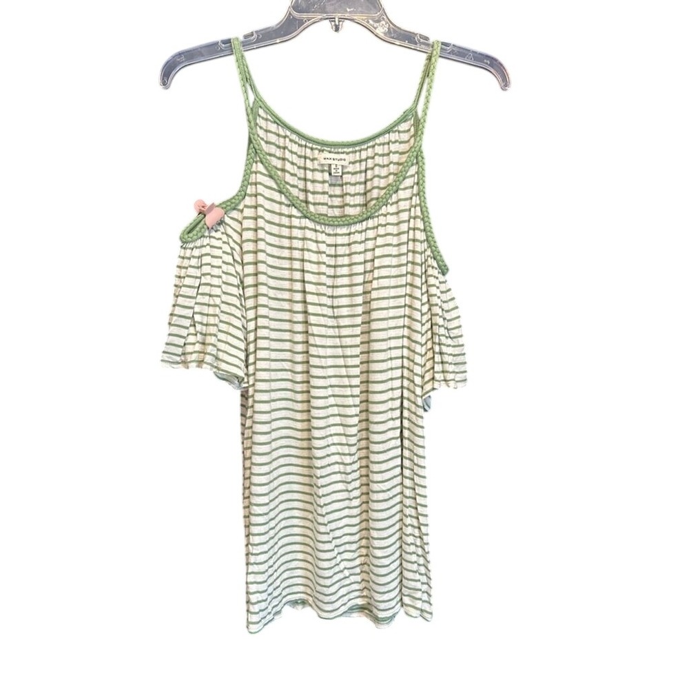MAX STUDIO Cold Shoulder Top Green‎ Striped Spaghetti Strap Blouse Small